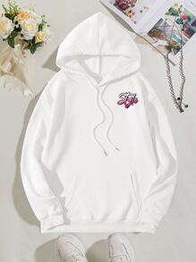 SHEIN EZwear 熊和字母圖案抽繩加絨內裏連帽衫 - 白色 - 查看 2