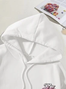 SHEIN EZwear 熊和字母圖案抽繩加絨內裏連帽衫 - 白色 - 查看 3