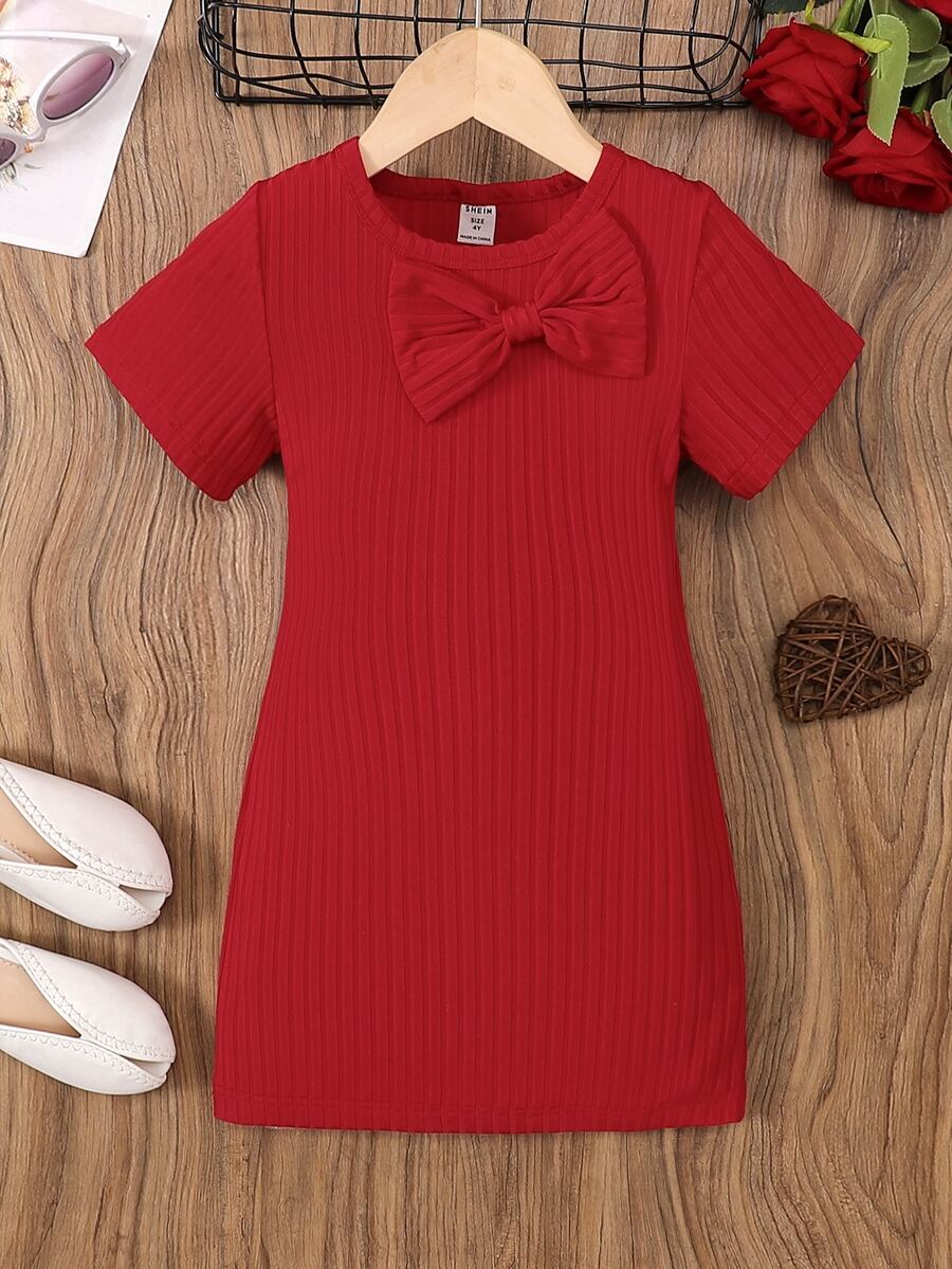 Toddler Girls Bow Front Tee Dress - Red - View 1