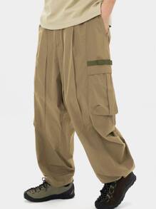 Manfinity Hombres Pantalones cargo con bolsillo lateral con solapa de cintura con cordón - Caqui - Ver 1