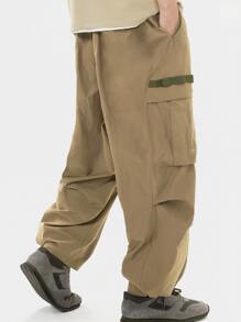 Manfinity Hombres Pantalones cargo con bolsillo lateral con solapa de cintura con cordón - Caqui - Ver 2