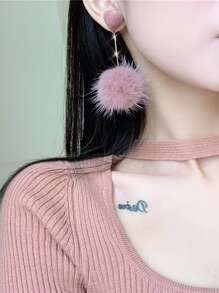 1pair Pink Heart Shaped Pom Pom Earrings - Pink - View 1