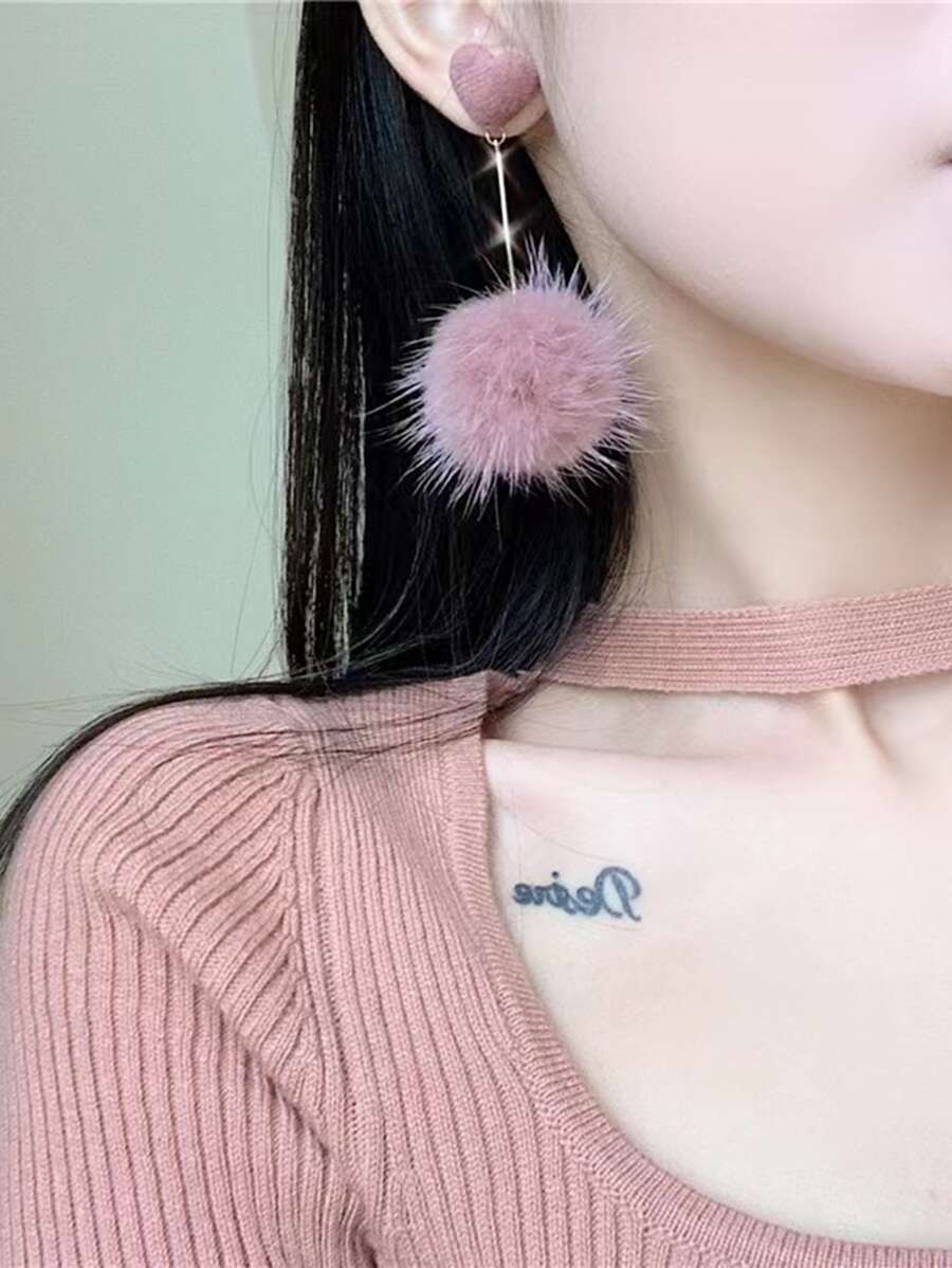 1pair Pink Heart Shaped Pom Pom Earrings - Pink - View 1