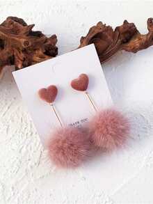 1pair Pink Heart Shaped Pom Pom Earrings - Pink - View 2
