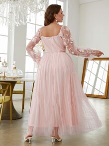 Simplee Plus Appliques Mesh Overlay Flounce Sleeve Dress - Baby Pink - View 2