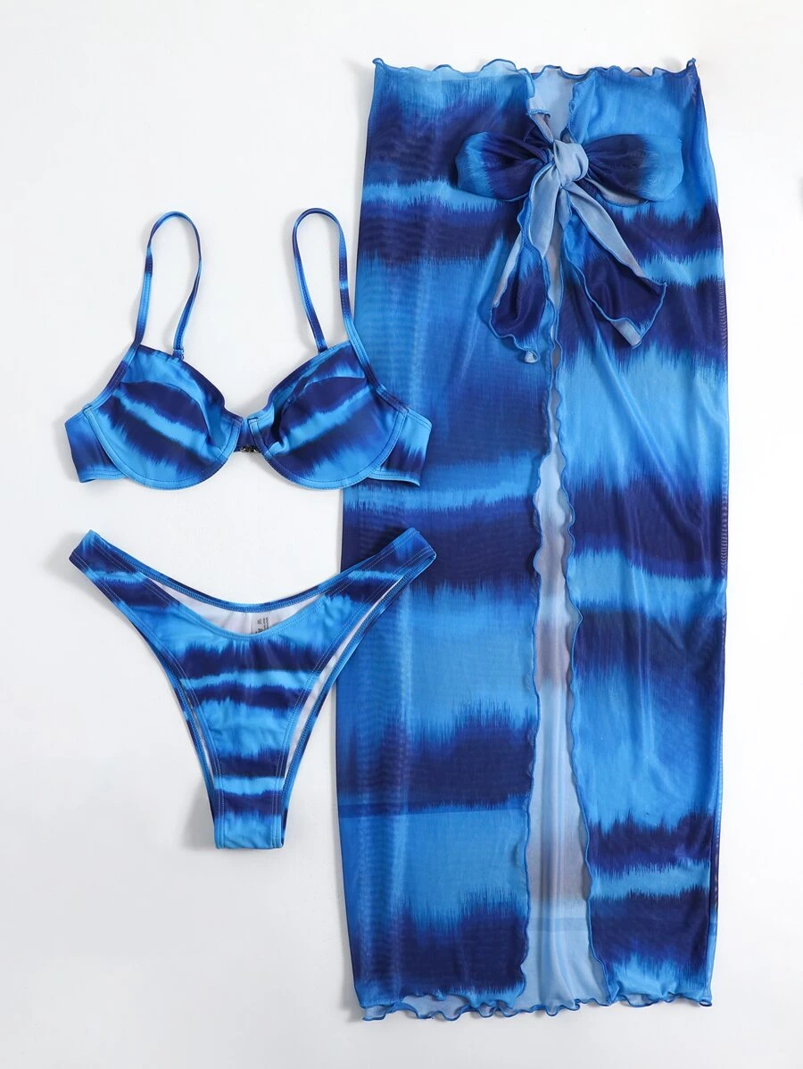 Swim SXY صبغ متعادل طقم بيكيني حلقة معدني حمالة صدر & بيكيني & مقلم نمط نبات الخس ربطة امامية تنورة ساحلي 3قطعات بدلة سباحة - الأزرق - مشاهدة 1