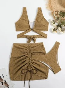 SHEIN Swim Bộ Bikini Họa Tiết Vòng Liên Kết Trên & Cắt Cao Dưới & Dây Rút Váy Đi Biển Vải Xếp 3 Mảnh Bikini Đi Biển Mùa Hè - màu nâu - Xem 7