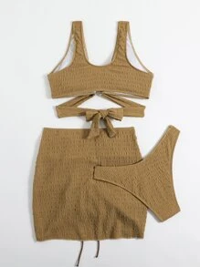 SHEIN Swim Bộ Bikini Họa Tiết Vòng Liên Kết Trên & Cắt Cao Dưới & Dây Rút Váy Đi Biển Vải Xếp 3 Mảnh Bikini Đi Biển Mùa Hè - màu nâu - Xem 4
