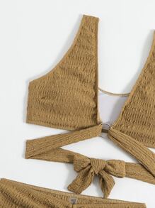 SHEIN Swim Bộ Bikini Họa Tiết Vòng Liên Kết Trên & Cắt Cao Dưới & Dây Rút Váy Đi Biển Vải Xếp 3 Mảnh Bikini Đi Biển Mùa Hè - màu nâu - Xem 3