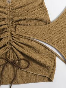 SHEIN Swim Bộ Bikini Họa Tiết Vòng Liên Kết Trên & Cắt Cao Dưới & Dây Rút Váy Đi Biển Vải Xếp 3 Mảnh Bikini Đi Biển Mùa Hè - màu nâu - Xem 5