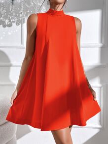 SHEIN Privé 後綁帶高領A字連衣裙 - 橘色 - 查看 2