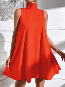 SHEIN Privé 後綁帶高領A字連衣裙 - 橘色 - 查看 4