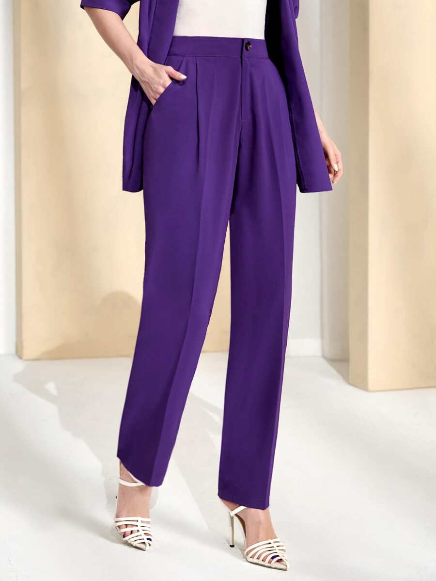 Modelyn Fold Pleated Slant Pocket Suit Trousers - Violet Purple - View 1