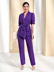 Modelyn Fold Pleated Slant Pocket Suit Trousers - Violet Purple - View 4