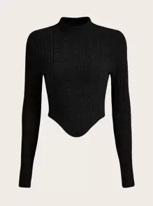 SHEIN EZwear Áo thun nữ Bất đối xứng Gân đan màu trơn Giải trí - màu đen - Xem 1