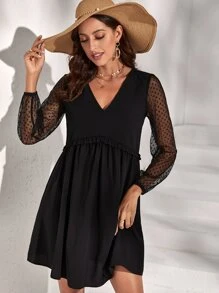 SHEIN VCAY Contrast Mesh Sleeve Frill Trim Smock Dress - Black - View 1