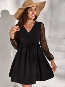 SHEIN VCAY Contrast Mesh Sleeve Frill Trim Smock Dress - Black - View 5