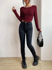 SHEIN EZwear 不對稱下擺短款T恤 - 酒紅色 - 查看 3