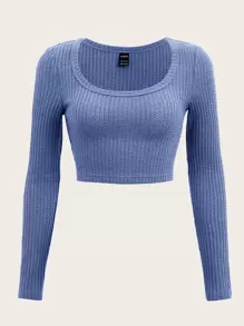 SHEIN EZwear 大碼華夫格編織短款T恤 - 藍色 - 查看 1