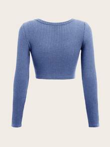 SHEIN EZwear 大碼華夫格編織短款T恤 - 藍色 - 查看 2