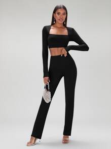 SHEIN BAE Square Neck Crop Top & Split Hem Trousers - Black - View 1