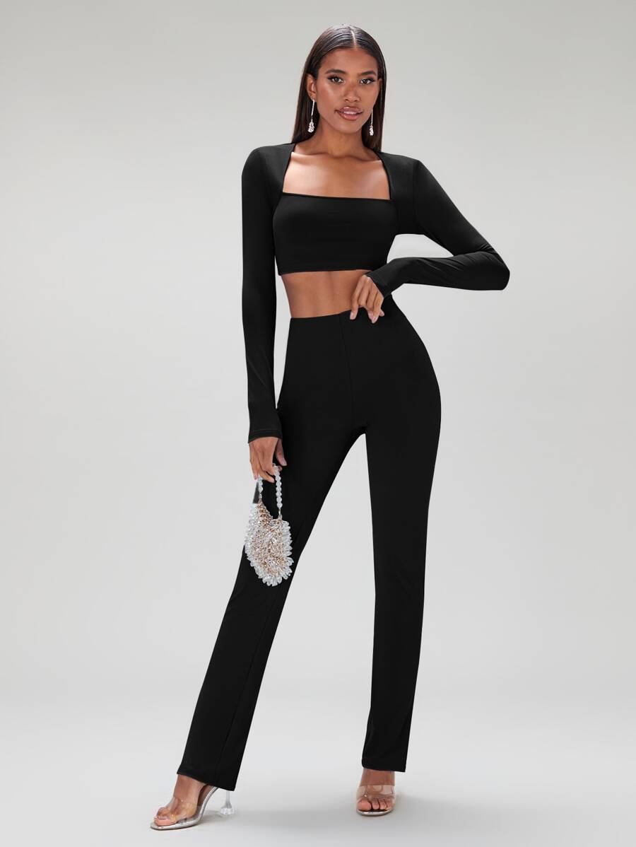 SHEIN BAE Square Neck Crop Top & Split Hem Trousers - Black - View 1