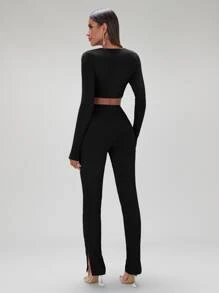 SHEIN BAE Square Neck Crop Top & Split Hem Trousers - Black - View 2