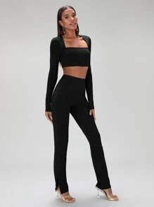 SHEIN BAE Square Neck Crop Top & Split Hem Trousers - Black - View 3