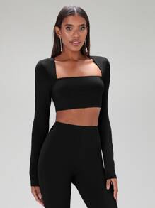 SHEIN BAE Square Neck Crop Top & Split Hem Trousers - Black - View 5