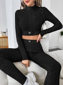 Muchica 字母補丁細節小高領短款T恤和緊身打底褲 - 黑色 - 查看 2