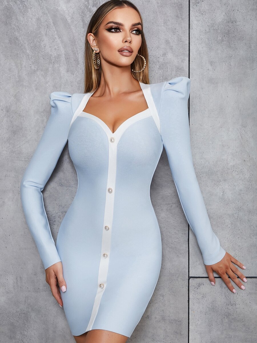 Sweetheart Neck Button Front Puff Sleeve Bodycon Dress - Baby Blue - View 1