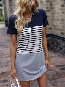 SHEIN LUNE 條紋印花撞色T恤連衣裙 - 藏蓝色 - 查看 1