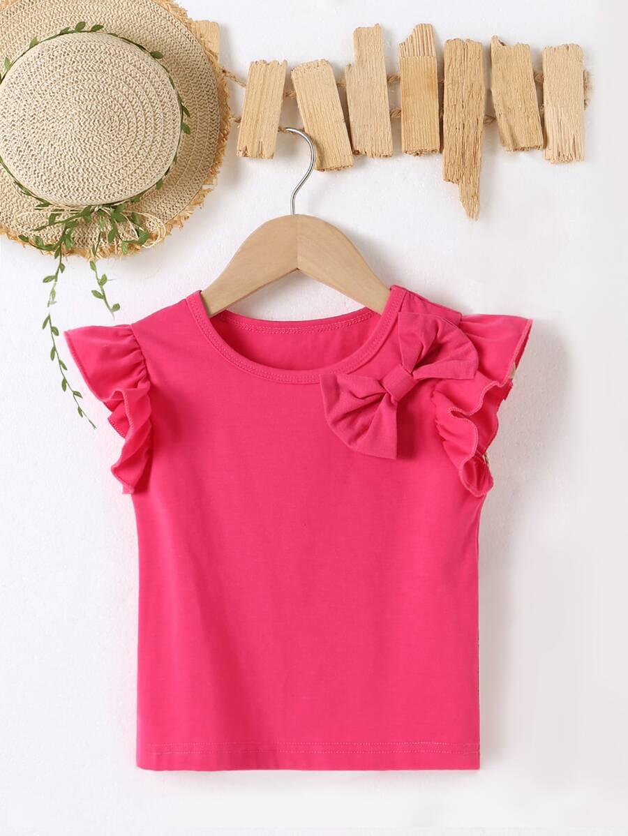 小女童荷葉邊前蝴蝶結T恤 - 玫紅色 - 查看 1