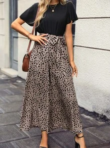 SHEIN Clasi Dalmatian Print Butterfly Sleeve Belted Wide Leg Jumpsuit - Multicolor - View 2