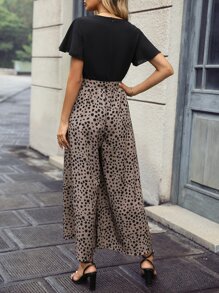 SHEIN Clasi Dalmatian Print Butterfly Sleeve Belted Wide Leg Jumpsuit - Multicolor - View 3