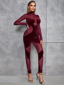 Mesh Insert Mock Neck Velvet Unitard Jumpsuit - Burgundy - View 6