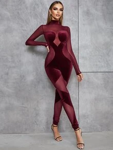 Mesh Insert Mock Neck Velvet Unitard Jumpsuit - Burgundy - View 7