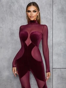 Mesh Insert Mock Neck Velvet Unitard Jumpsuit - Burgundy - View 3