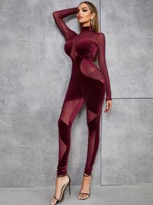 Mesh Insert Mock Neck Velvet Unitard Jumpsuit - Burgundy - View 1