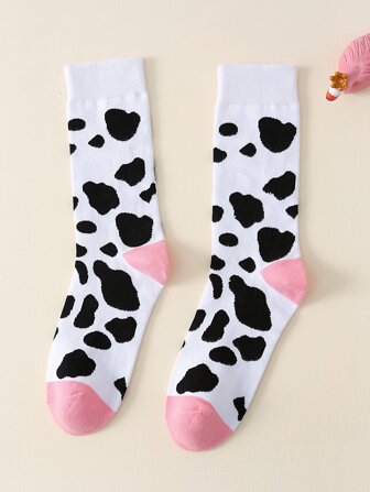 Calcetines de tripulación con estampado de vaca, calcetines de otoño