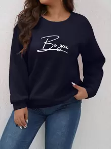 SHEIN LUNE Sudadera con estampado de letra de hombros caídos - Azul Marino - Ver 1