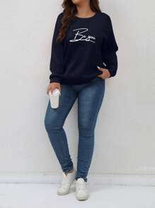 SHEIN LUNE Sudadera con estampado de letra de hombros caídos - Azul Marino - Ver 3