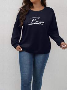 SHEIN LUNE Sudadera con estampado de letra de hombros caídos - Azul Marino - Ver 4
