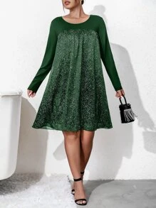 SHEIN Unity Plus Glitter Smock Dress - Dark Green - View 4