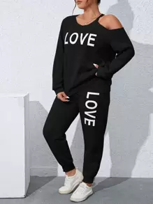 SHEIN LUNE 大碼字母圖案不對稱領衛衣和衛褲 - 黑色 - 查看 1