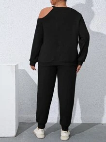 SHEIN LUNE 大碼字母圖案不對稱領衛衣和衛褲 - 黑色 - 查看 2