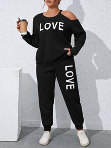 SHEIN LUNE 大碼字母圖案不對稱領衛衣和衛褲 - 黑色 - 查看 3