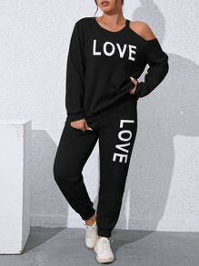 SHEIN LUNE 大碼字母圖案不對稱領衛衣和衛褲 - 黑色 - 查看 4