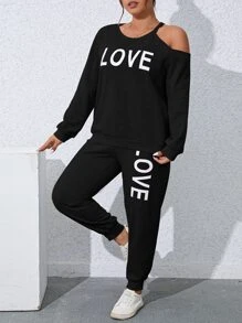 SHEIN LUNE 大碼字母圖案不對稱領衛衣和衛褲 - 黑色 - 查看 6