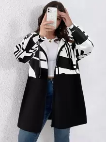 SHEIN LUNE Geometric Printed Hooded Plus Size Mid-length Coat - Black and White - View 3